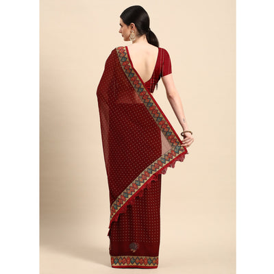 Maroon Foil Printed With Swarovski Zomato Silk Saree