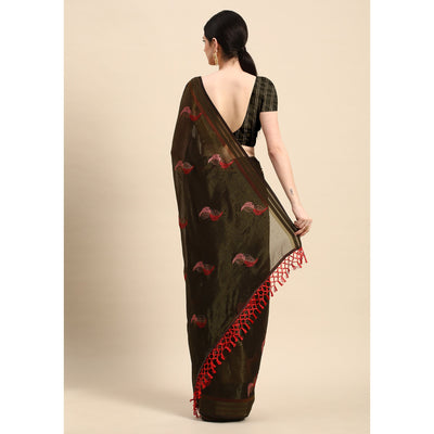 Mehendi Green Swarovski With Embroidery Work Chiffon Saree