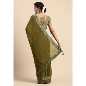 Mehndi Green Swaroski Work With Woven Border Satin Saree
