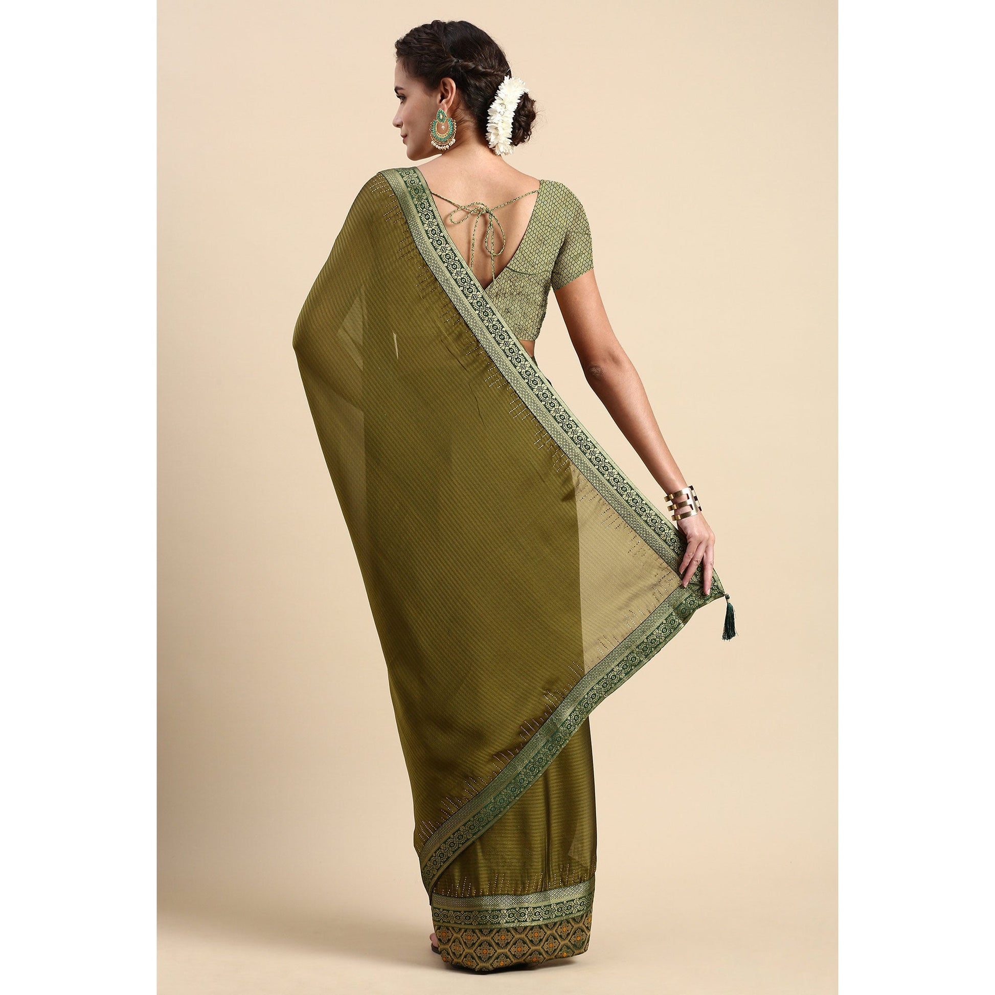 Mehndi Green Swaroski Work With Woven Border Satin Saree