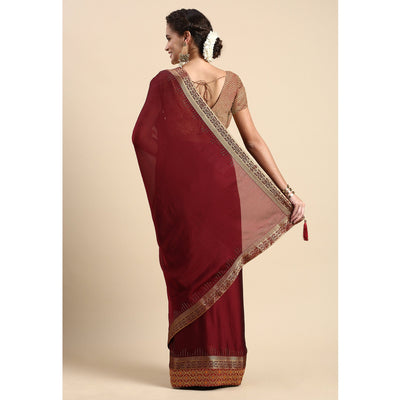 Maroon Swaroski Work With Woven Border Satin Saree