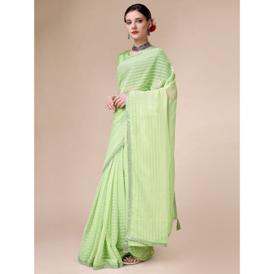 Light Green Zari Striped With Swarovski Work Chiffon Saree