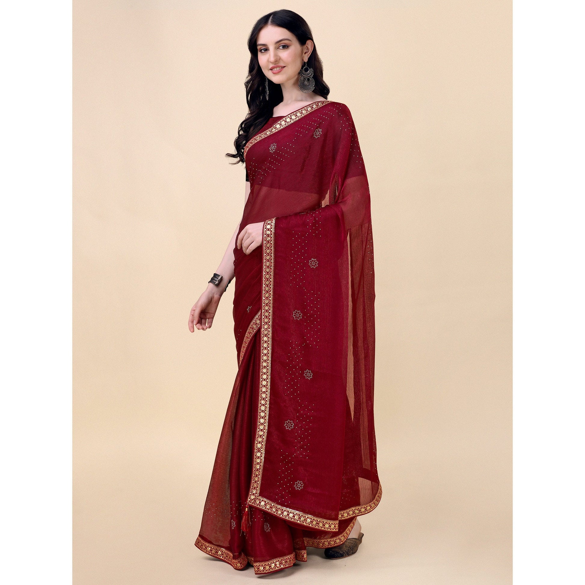 Maroon Swarovski With Sequins Embroidered Chiffon Saree