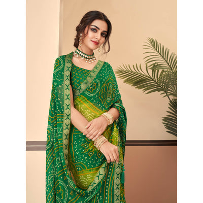 green-bandhani-printed-chiffon-saree-with-lace-border