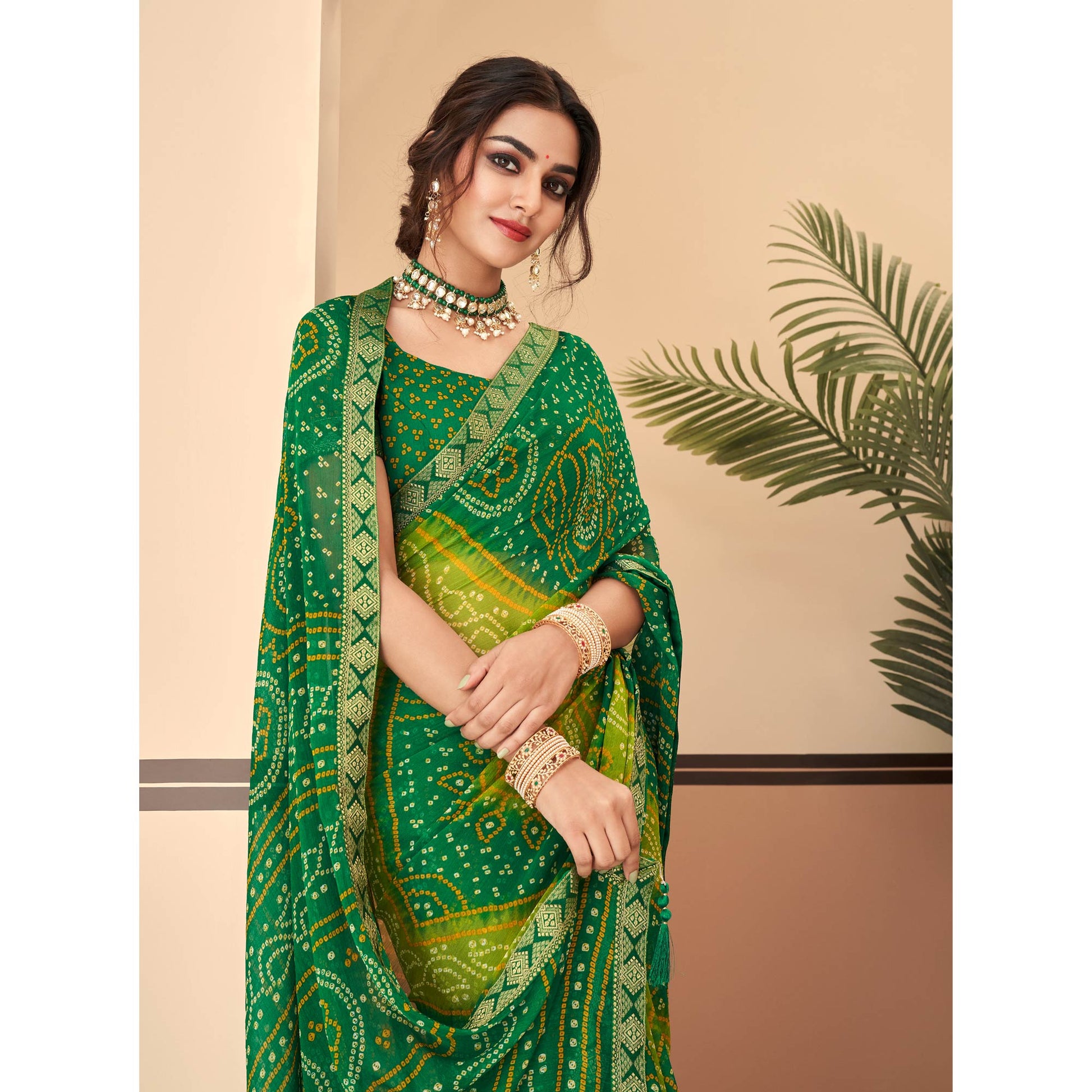 green-bandhani-printed-chiffon-saree-with-lace-border
