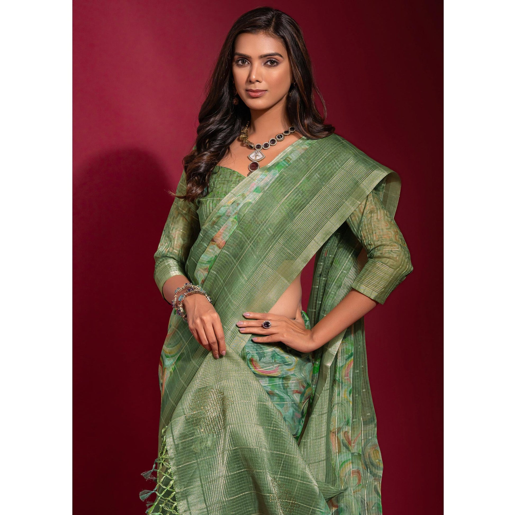 green-digital-printed-with-zari-work-linen-saree