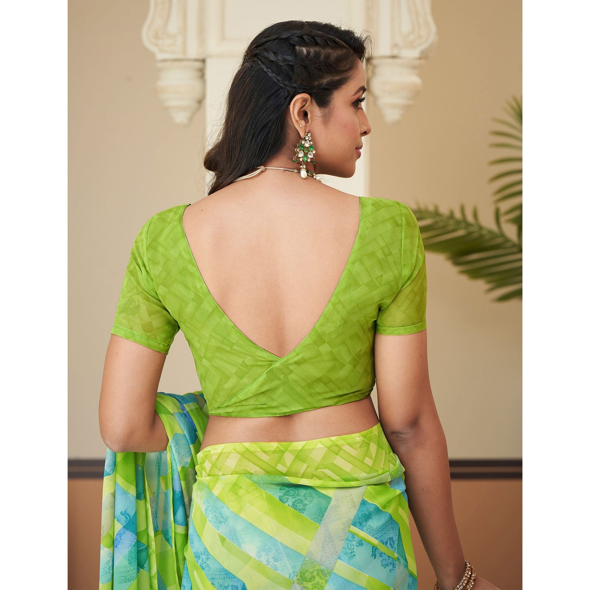 Lemon Green Geometric Printed Georgette Saree