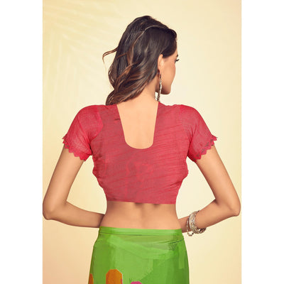 Lime Green Printed Georgette Saree With Swarovski Border