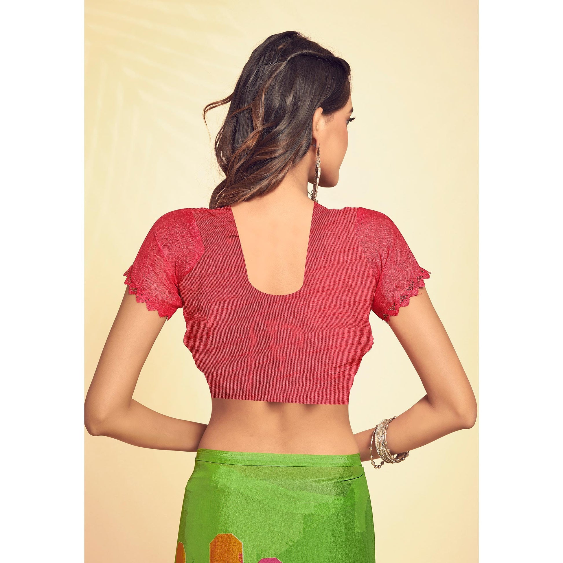 Lime Green Printed Georgette Saree With Swarovski Border