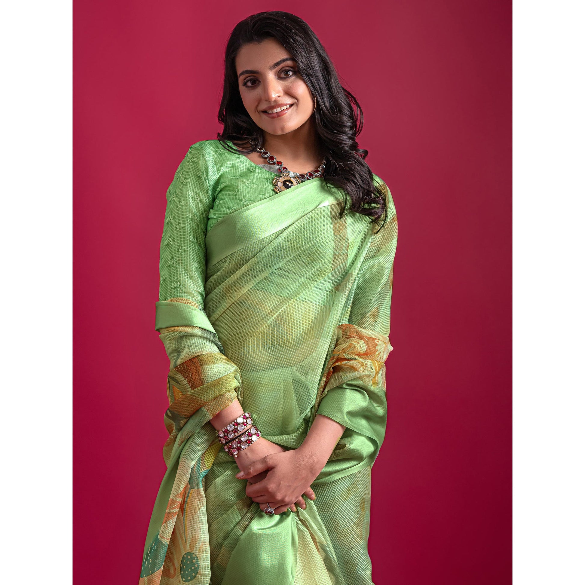 green-floral-digital-printed-linen-saree-with-woven-border