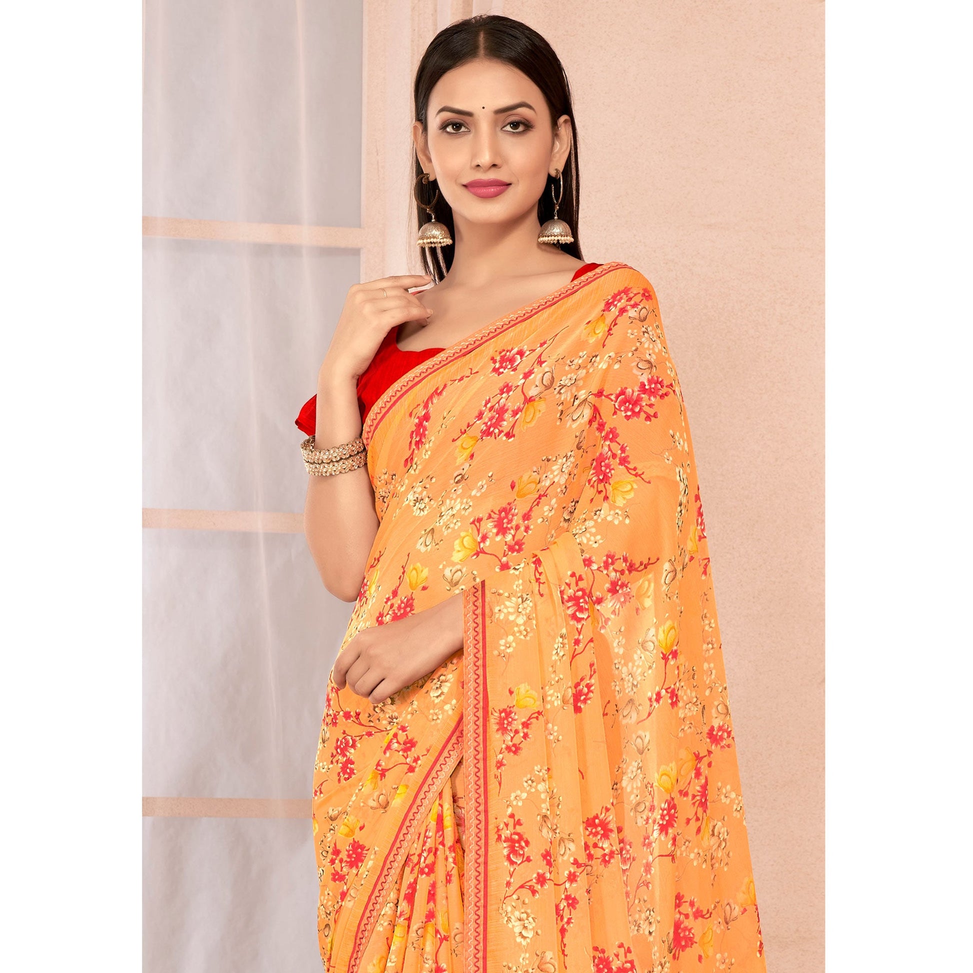 Light Orange Floral Printed Chiffon Saree With Lace Border