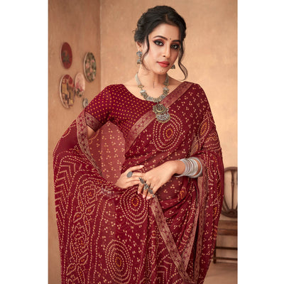 Maroon Bandhani Printed Chiffon Saree