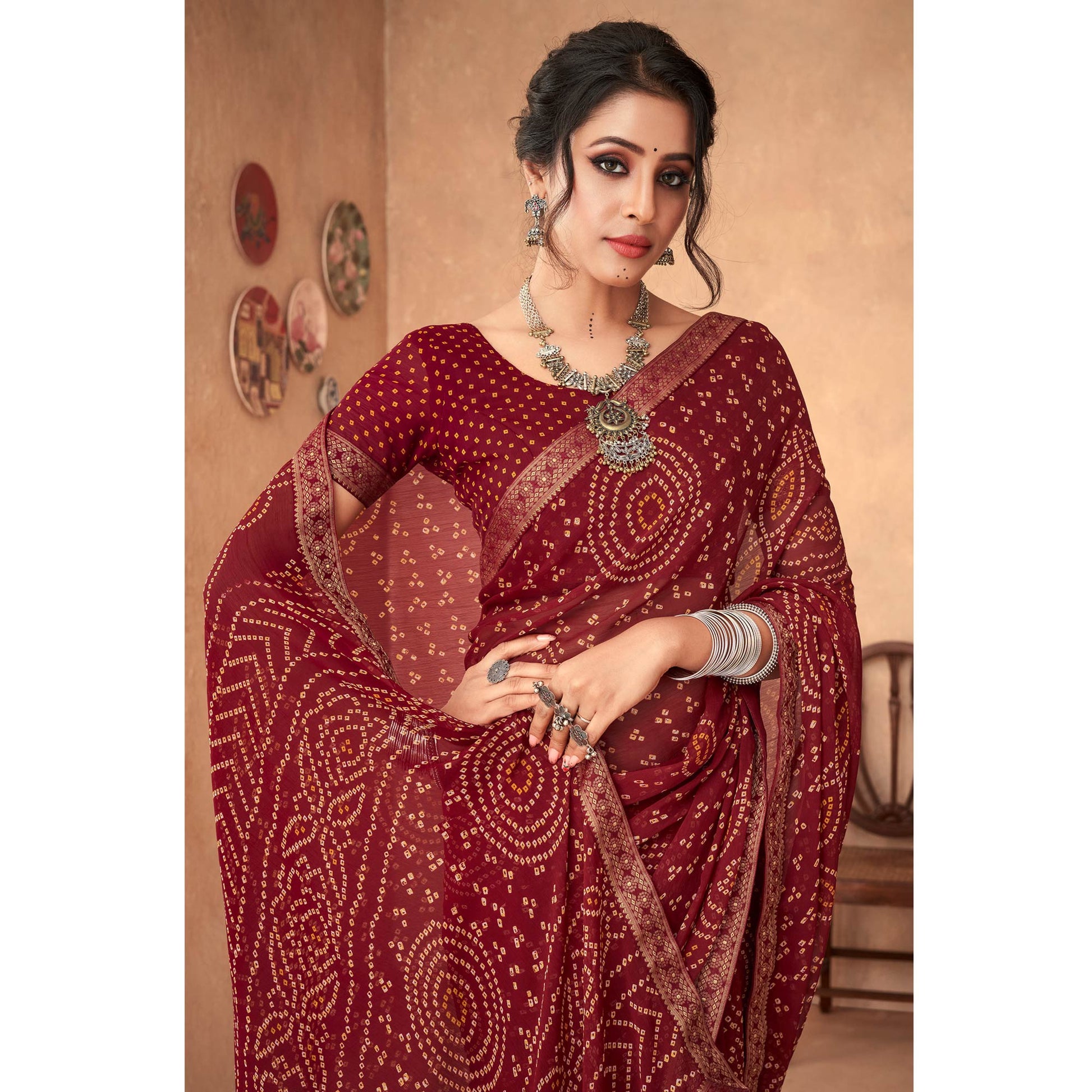 Maroon Bandhani Printed Chiffon Saree