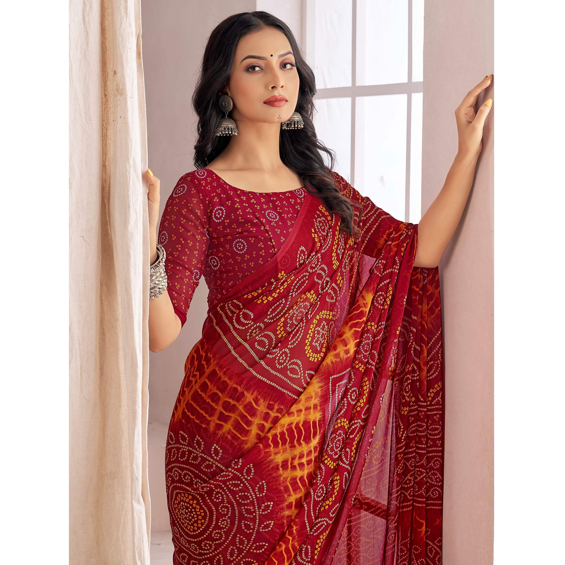 Maroon Bandhani Printed Chiffon Saree