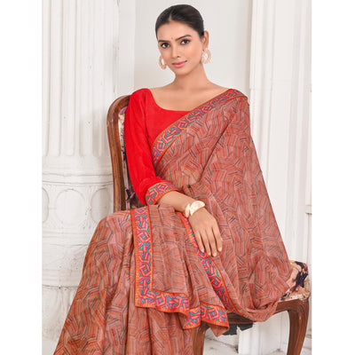 Brick Red Geometric Printed Chiffon Saree With Lace Border