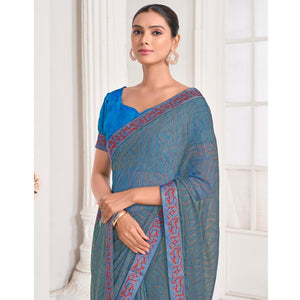 Bluish Grey Geometric Printed Chiffon Saree With Lace Border