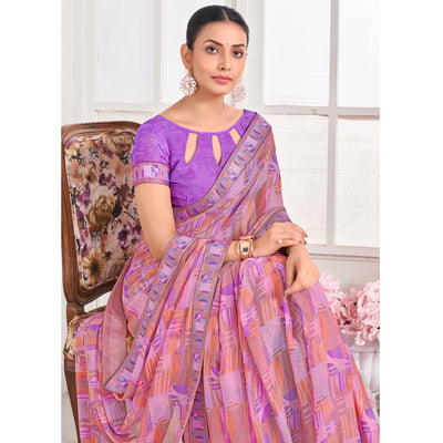 Lavender Geometric Printed Chiffon Saree With Lace Border
