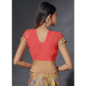 Chikoo Printed Chiffon Saree With Lace Border