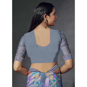 Grey Printed Chiffon Saree With Lace Border