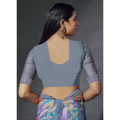 Grey Printed Chiffon Saree With Lace Border