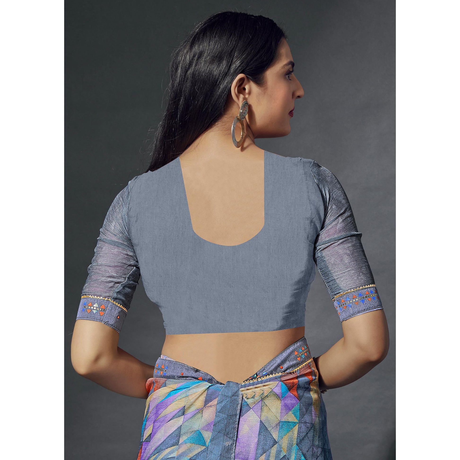 Grey Printed Chiffon Saree With Lace Border