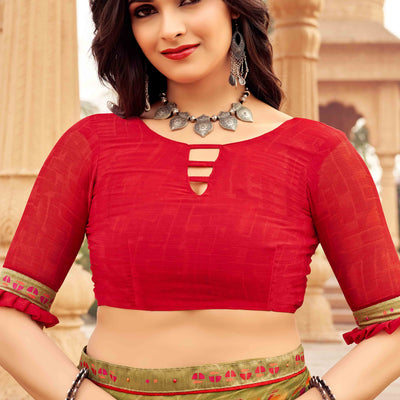 Dull Orange Abstract Printed Chiffon Saree