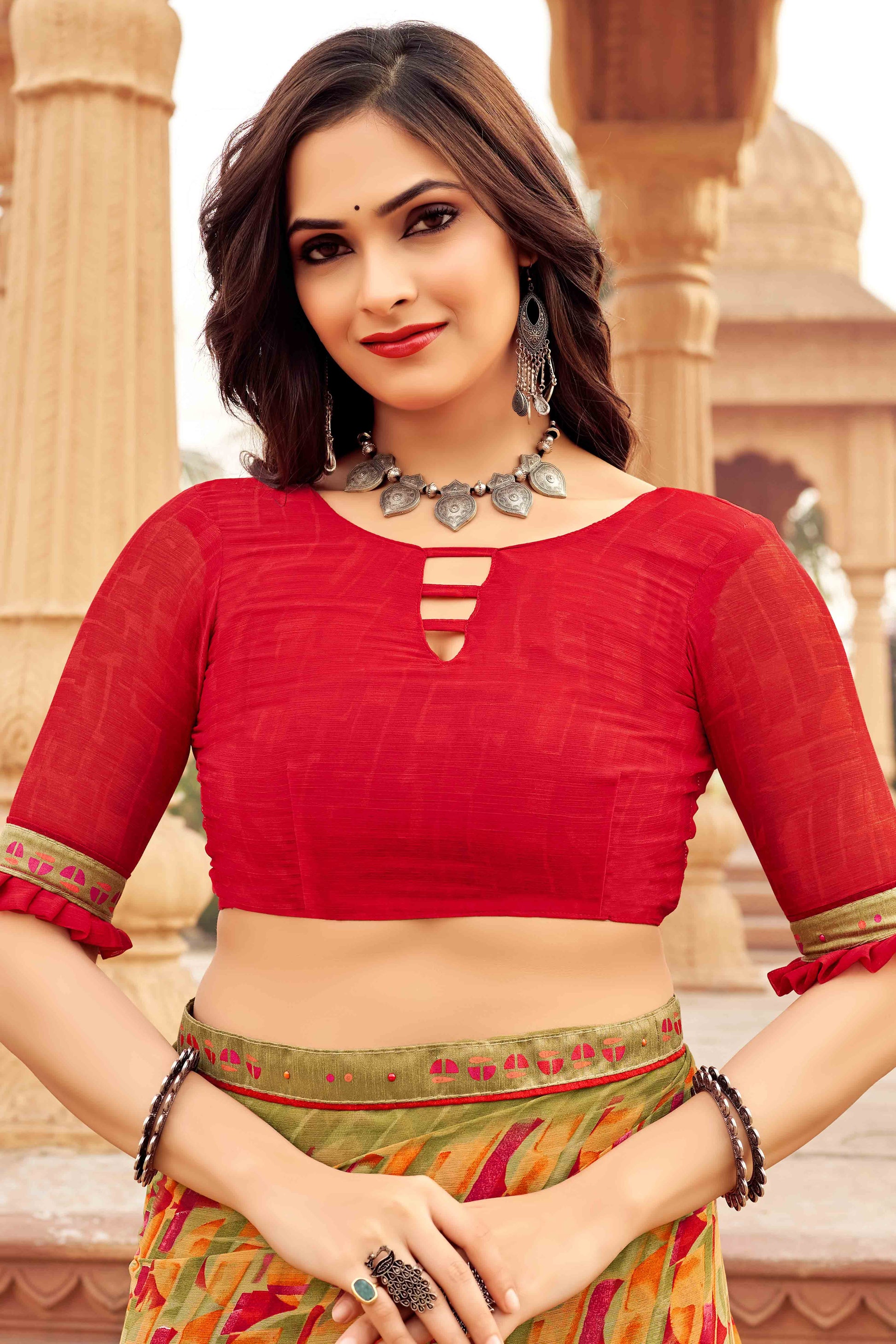 Dull Orange Abstract Printed Chiffon Saree