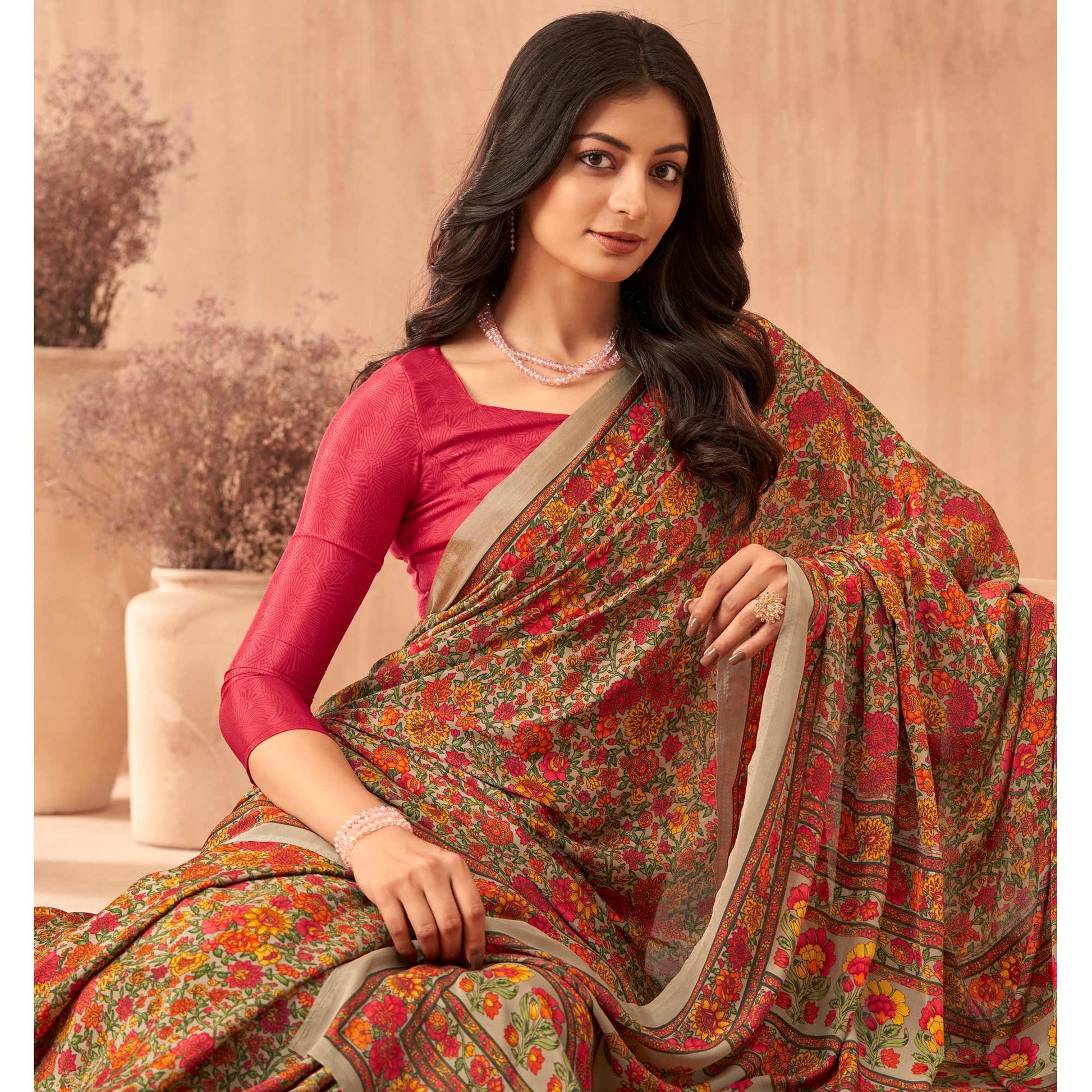 Multicolor Floral Printed Crepe Saree