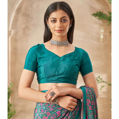 green-floral-printed-crepe-saree-4