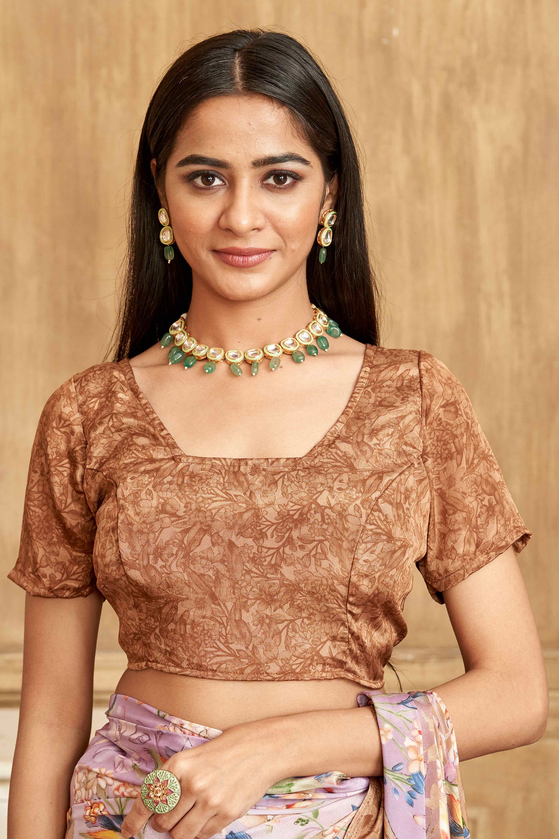 Light Brown Floral Printed Crepe Silk Saree