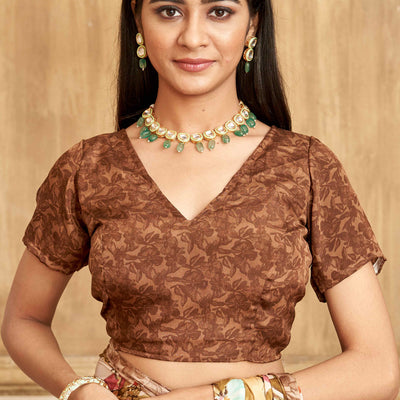 Dark Brown Floral Printed Crepe Silk Saree