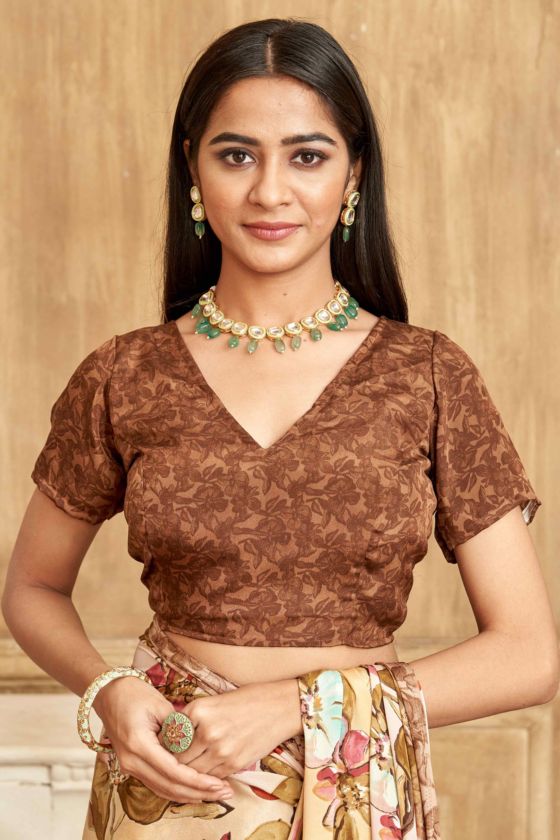 Dark Brown Floral Printed Crepe Silk Saree