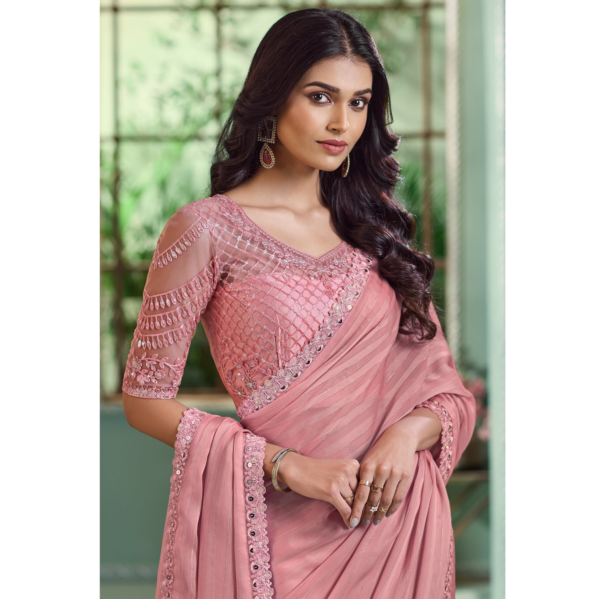 Dusty Pink Embroidered Georgette Designer Saree