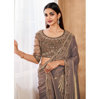 Chikoo Sequins Embroidered Satin Silk Saree