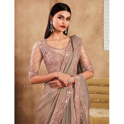 Grey Sequins Embroidered Satin Silk Saree