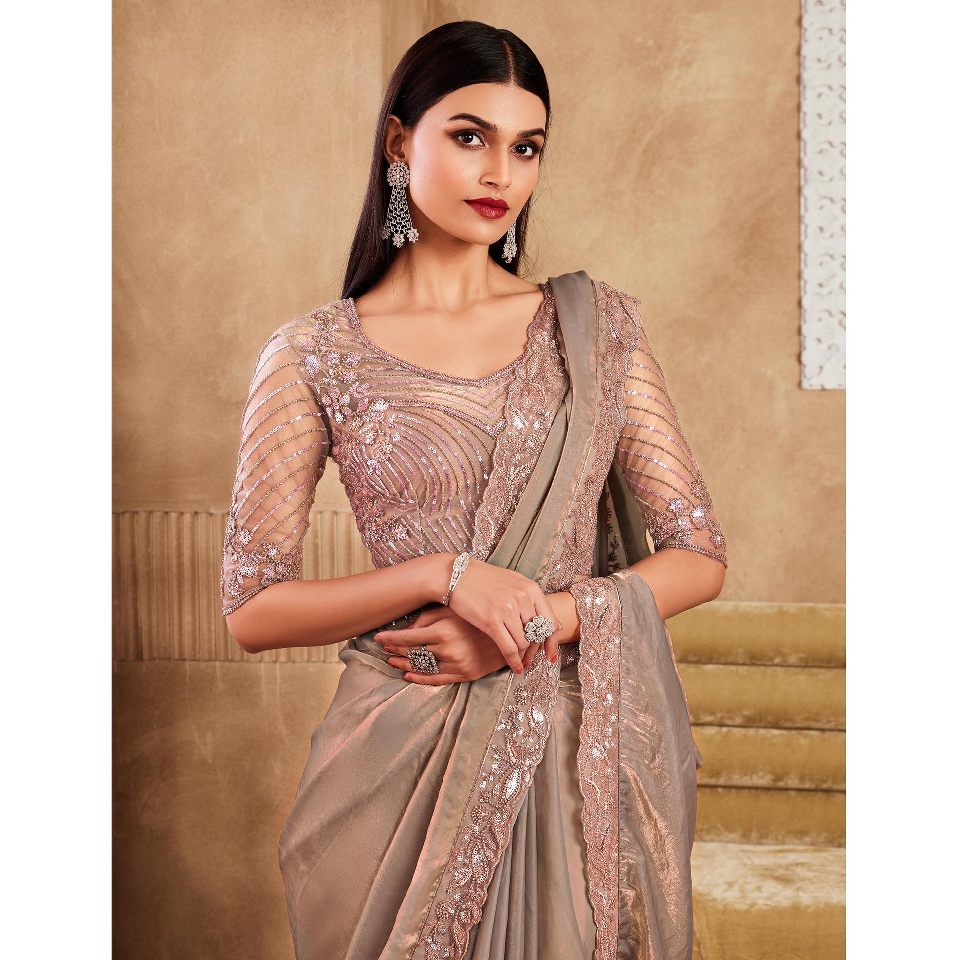 Grey Sequins Embroidered Satin Silk Saree