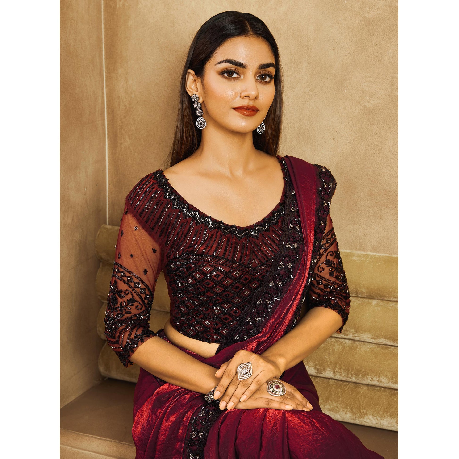 Magenta Sequins Embroidered Satin Silk Saree