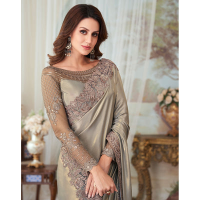 Grey Sequins Embroidered Satin Saree