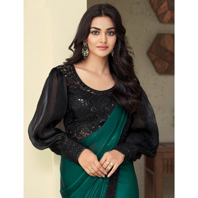 Bottle Green Sequins Embroidered Georgette Saree