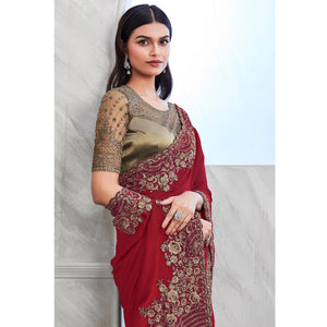 Maroon Floral Sequins Embroidered Georgette Saree