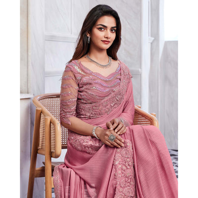 Dusty Pink Floral Sequins Embroidered Georgette Saree