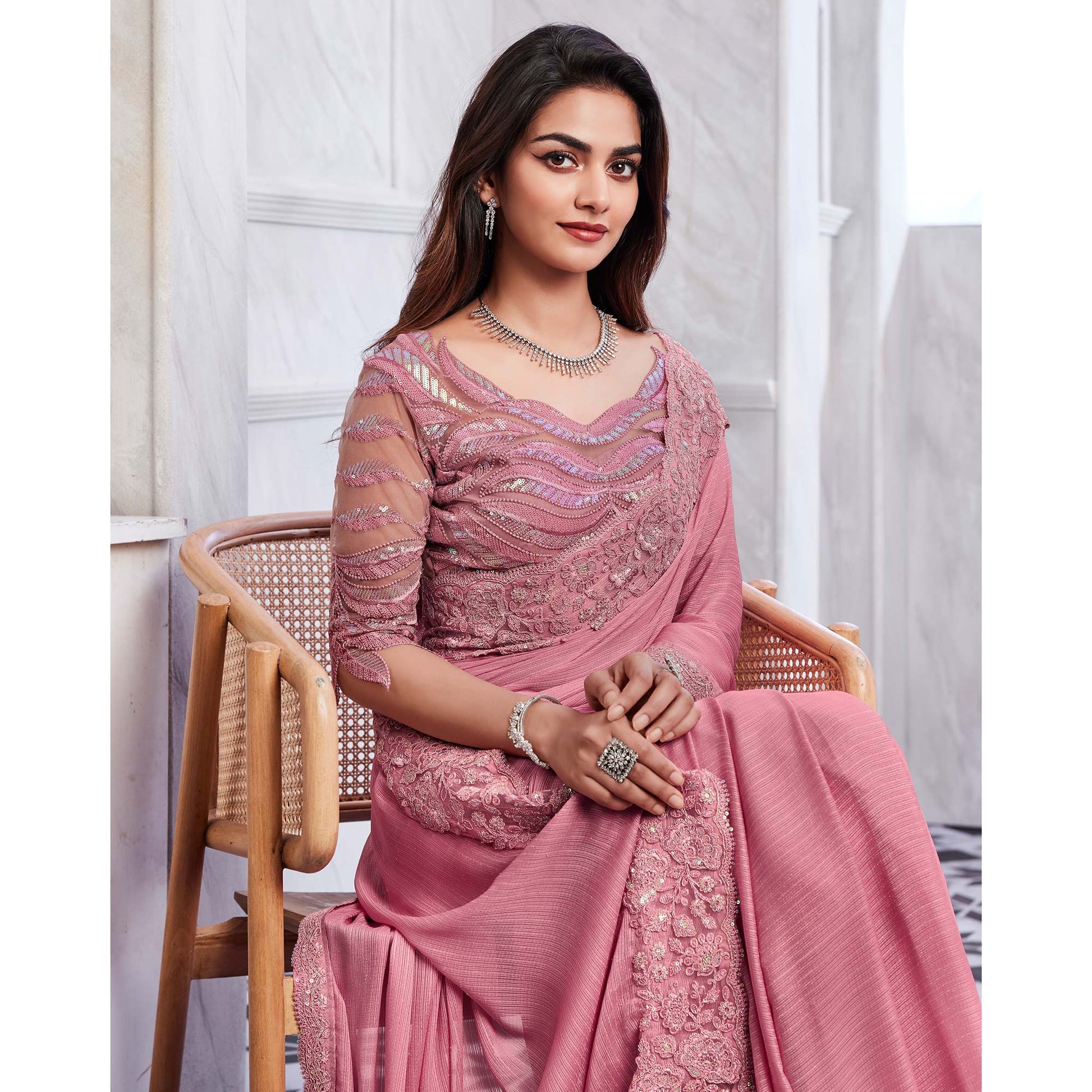 Dusty Pink Floral Sequins Embroidered Georgette Saree