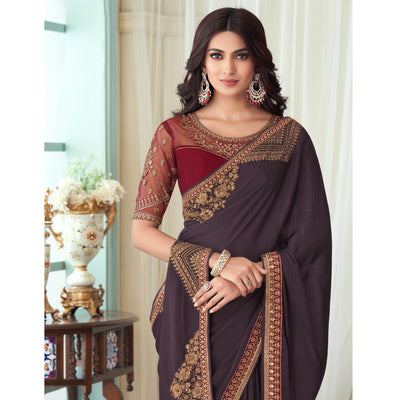 Deep Mauve Floral Sequin Embroidered Crepe Saree