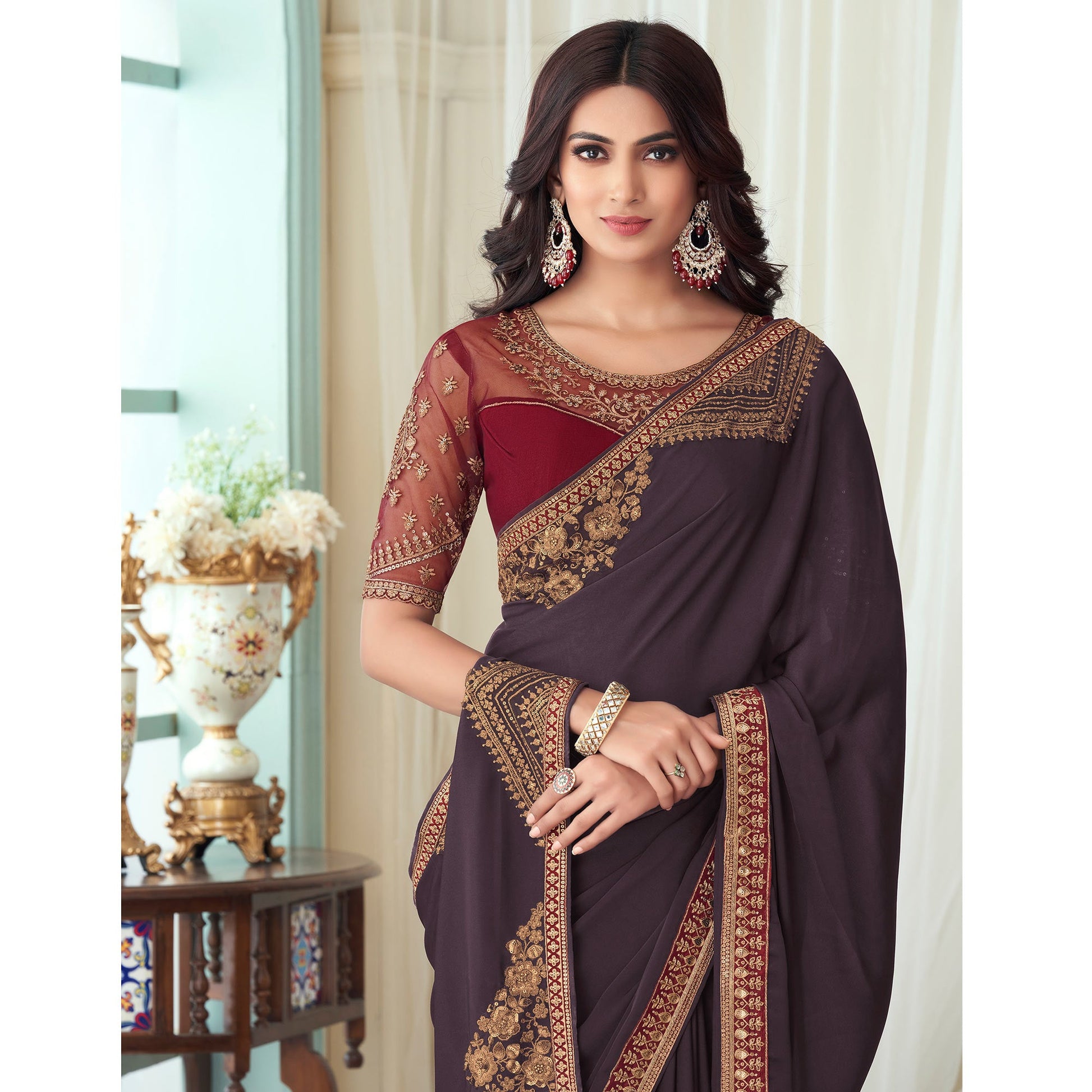 Deep Mauve Floral Sequin Embroidered Crepe Saree