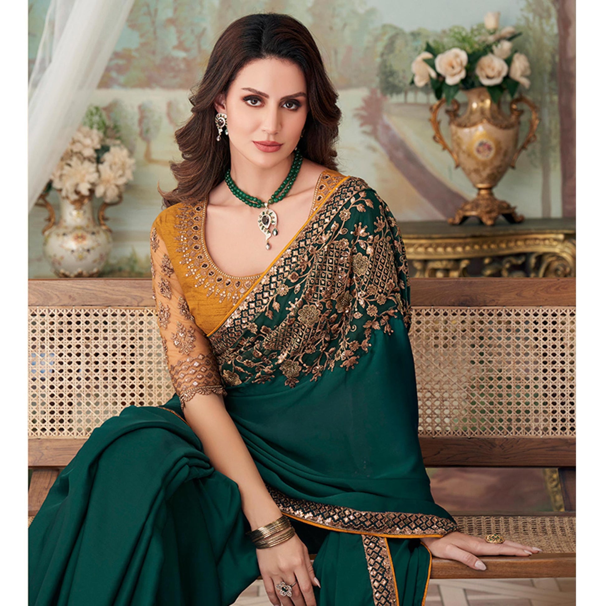 green-floral-sequin-embroidered-crepe-saree