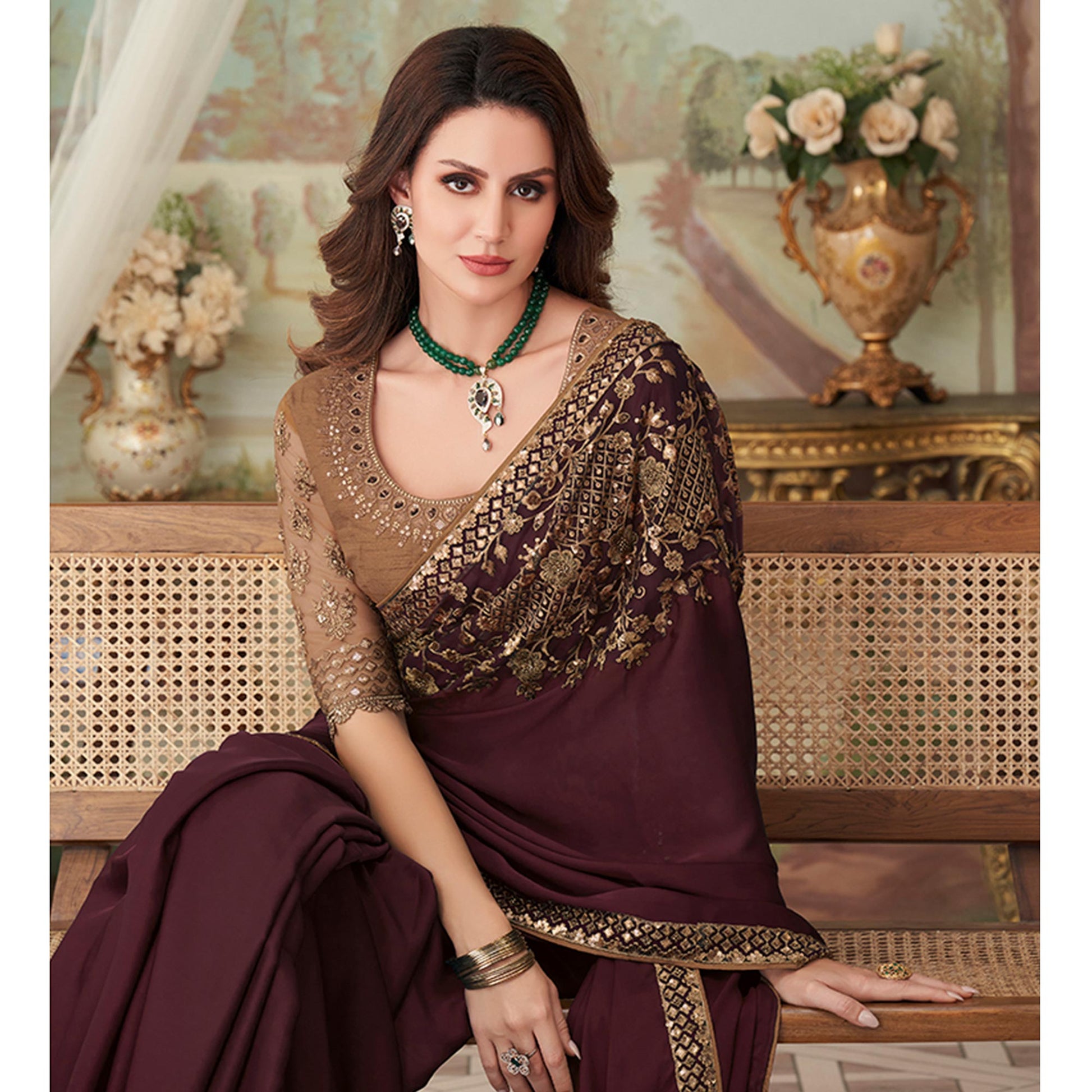 Coffee Floral Sequin Embroidered Crepe Saree