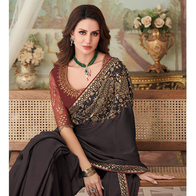 Dark Wine Floral Sequin Embroidered Crepe Saree