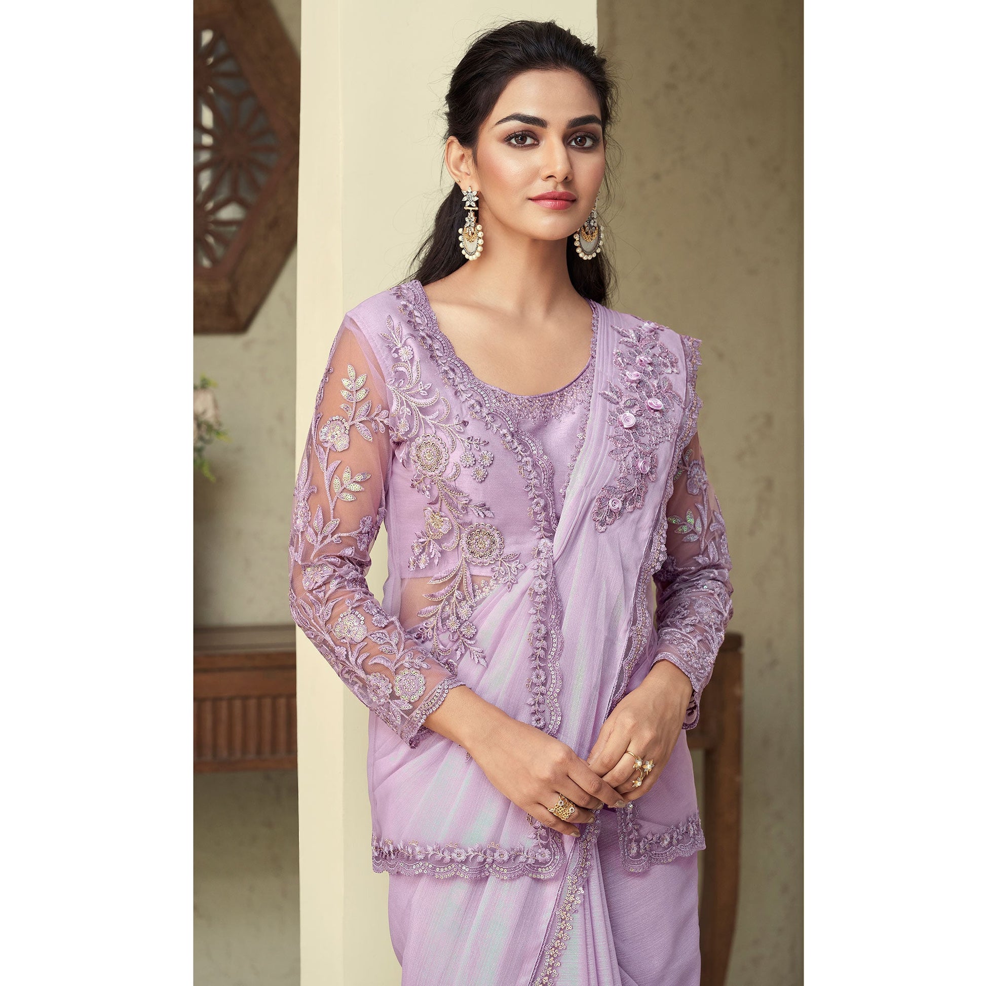 Lavender Sequins Embroidered Georgette Saree