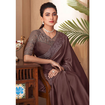 Brown Sequins Embroidered Satin Saree