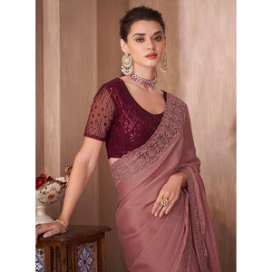 Mauve Embroidered Satin Saree